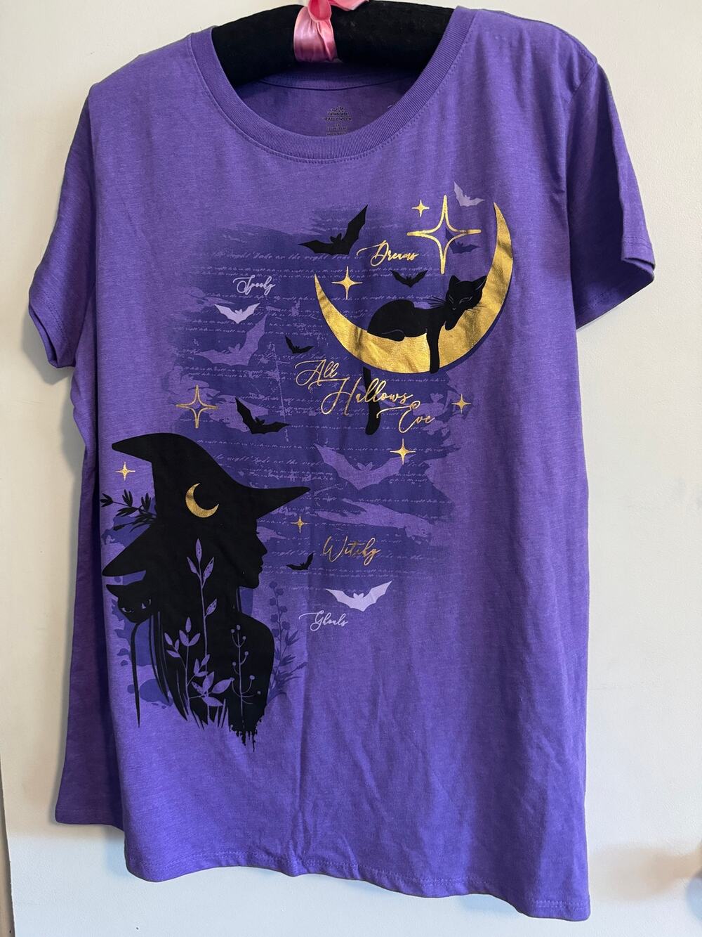 NWT Way to Celebrate Halloween Witch Black Cat Moon Graphic Purple T-Shirt 2X
